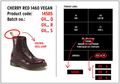 Labels on Dr. Martens Vegan 1460 boots sold in cherry red